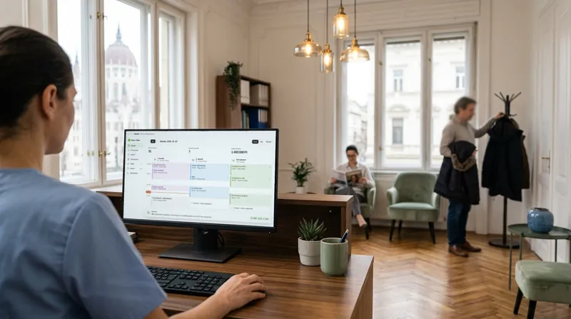 Magánrendelő recepciója: a pultnál a képernyőn a Flexi-Clinic napi naptára, háttérben a váró